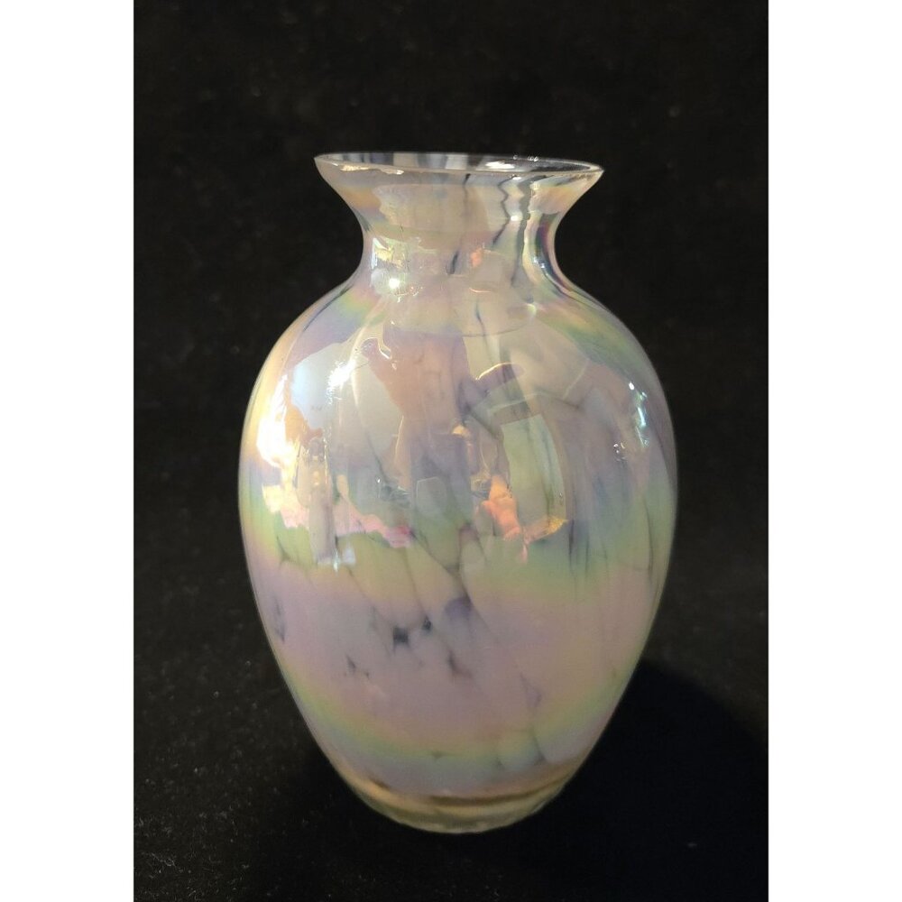 Iridescent Hand Blown Glass Vase With Pastel Marble Design - 5" Tall Decorative